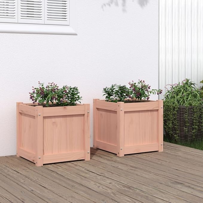 Garden Planter Set of 2 Natural Solid Douglas Fir Wood 15.7x15.7x15.7 inch Square Raised Bed for Outdoor Plants Patio Balcony Herb &amp Flower Gardening