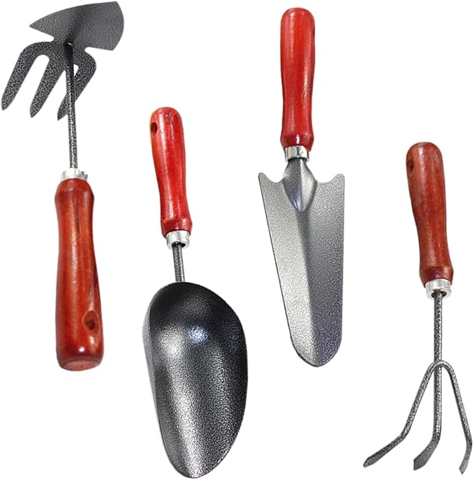 4pcs Garden Tool Set with Hand Trowel Narrow Spade Three-Prong Cultivator and Soil Scoop – Mini Gardening Tools for Planting Digging and Weeding in Flower Pots and Vegetable