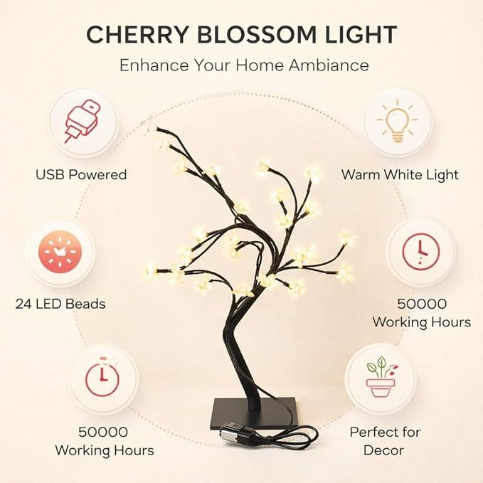 Cherry Blossoms Tree Lamp with 24 LED USB Powered Warm White Light Plastic PVC Bonsai Light for Home Decoration - Romantic Twinkling Lights Flexible Branch Design Ideal for