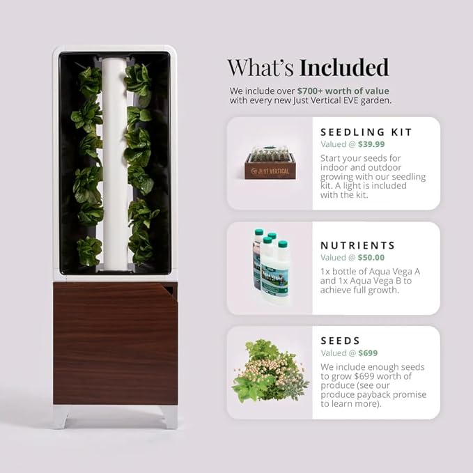 Just Vertical EVE Tower Garden | Hydroponic Growing System | Grow 12 Fresh Herbs &amp Vegetables Year-Round | Self-Watering Energy-Efficient LED Compact Design Fully Assembled | Walnut