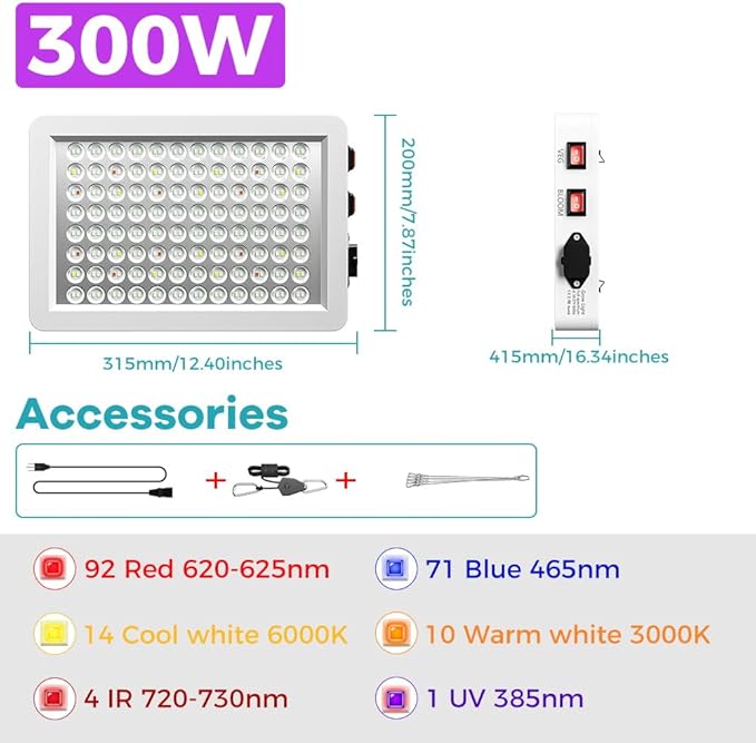 300W LED Growth Lights Red Blue Full Spectrum Plant Lamps 192Led Veg/Bloom Modes Dimmable Warm White Light Greenhouse Hydroponics 100-277V Indoor IR Seeds Cultivation Lighting with Hook US Plug