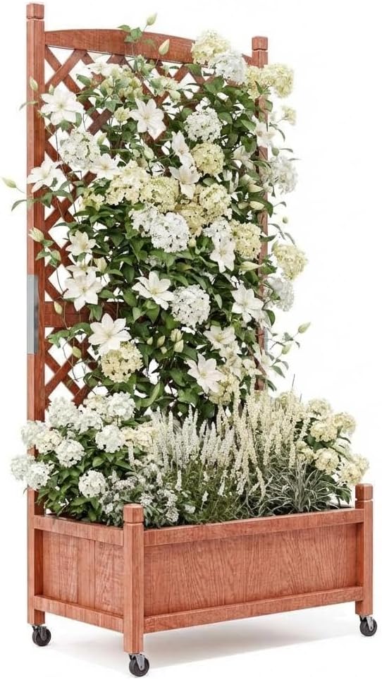 IDEALHOUS Large Raised Garden Bed with Trellis &amp Wheels 61 Wooden Mobile Planter Box with Drainage Hole Freestanding Vertical Planter for Outdoor Indoor Patio Lawn Herbs Flowers Vegetables 1 P