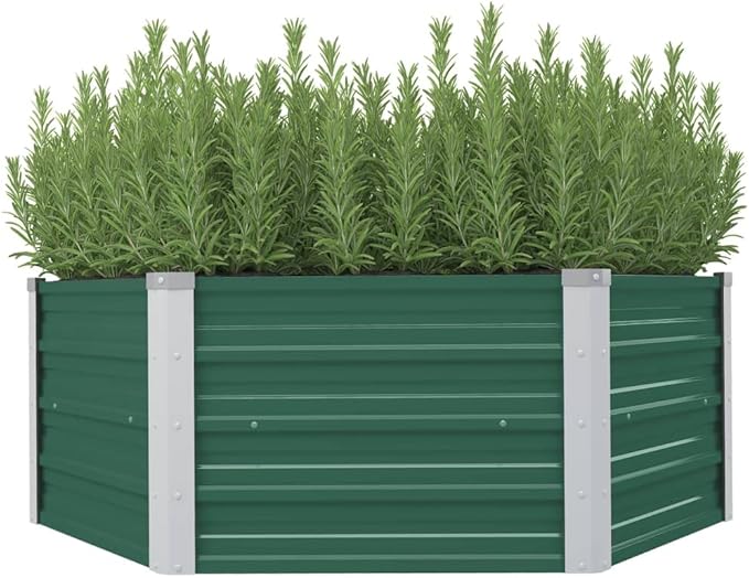 vidaXL Raised Garden Bed in Green Galvanized Steel Garden Planter Deep Wide Outdoor Flower Vegetable Plant Bed Safe Edge Fold Simple Hexagon Design Easy Assembly 50.8x50.8x18.1