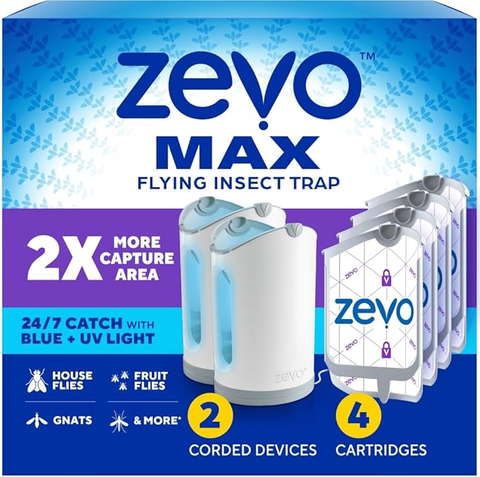 Zevo MAX Bug Catcher &amp Fly Trap for Indoors - Flying Insect Trap for Gnats House &amp Fruit Flies - Use in Any Room - No-Mess Disposal (2 Plug in Bases &amp 4 Cartridges)