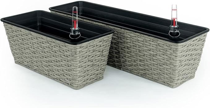 2 Pack Smart Self Watering Rectangle Planter for Indoor and Outdoor Hand Woven Wicker Gray