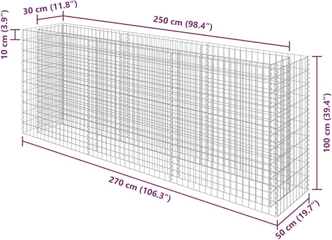 vidaXL Gabion Steel Raised Bed - Large Capacity Silver Galvanized Planter Proof and Weather- Mesh Grid Stabilized for Garden Patio Easy Assembly