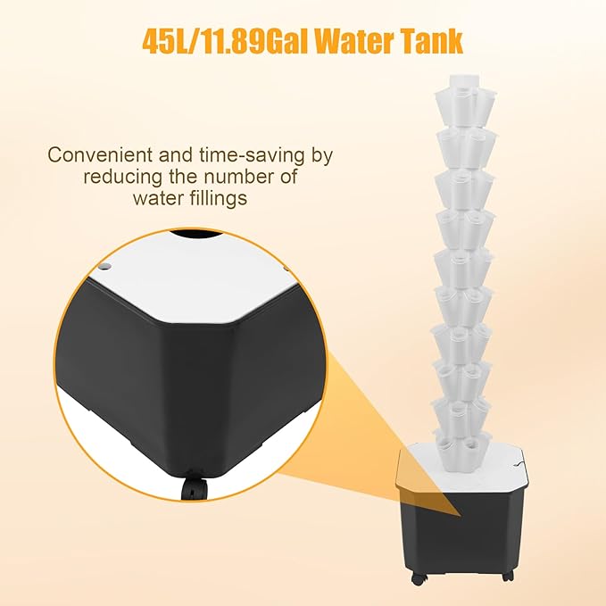 Hydroponic Growing System Kit Aeroponic Tower 50 Hole Garden Vertical Vegetable Planting System with Pump&ampTimer and Mobile 11.89Gal Water Tank (White)