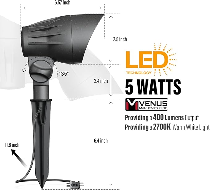 VENUS MANUFACTURING 4 Pack Low Voltage Landscape Flood Light 5Watt LED Outdoor Landscape Lighting Kits 400 Lumen Black Waterproof Spotlights 12V 2700K Warm White Metal Tree Lights for Garden &amp Yar
