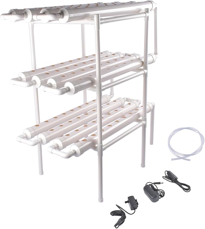 Floor-Standing Hydroponic Grow Kit 3 Layer 108 Plant Sites 12 Food-Grade PVC-U Pipes Hydroponics Planting System with Water Pump Pump Timer Nest Basket and Sponge for Leafy Vegetables