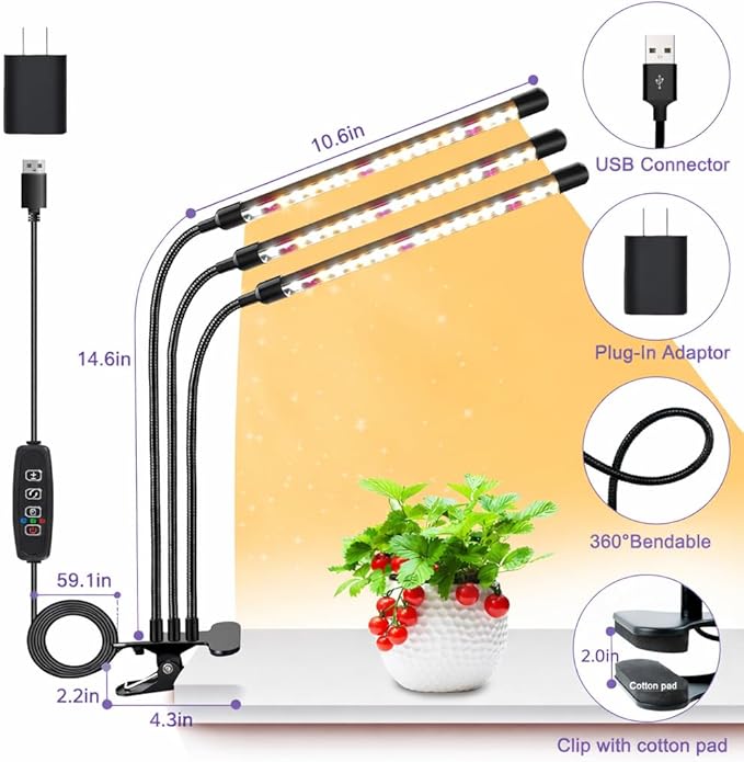 3head Plant Lights 2Pack Grow Lights for Seed Starting Full Spectrum Growing Lamps with Clip for Indoor Plants Auto ON &amp Off Timer 3/9/12H 3 Switch Modes 10-Level Dimmable Brightness