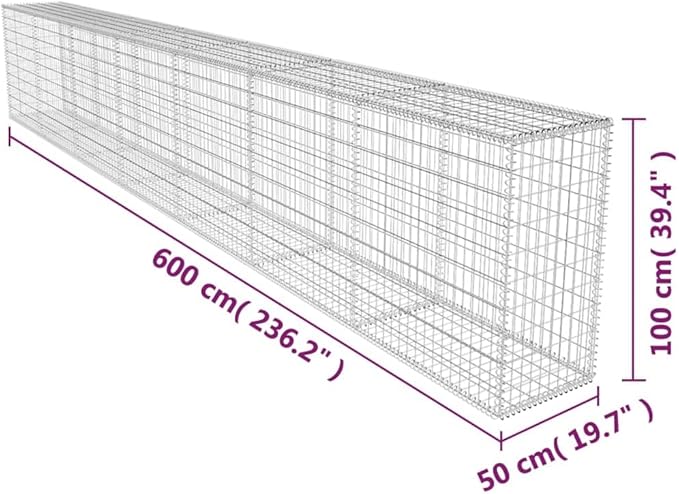 Gabion Wall with Cover Galvanized Steel 236.2x19.7x39.4 Gabion Raised Bed Gabion Cages Basket Steel Woven Gabion Net for Backyard Garden -AA