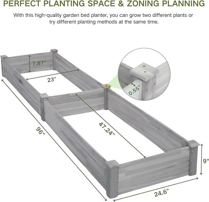 8x2ft Outdoor Wooden Raised Garden BedElevated Planting Planter Box for Vegetables/Garden/Lawn/PatioGray 96 x 24 x 9in