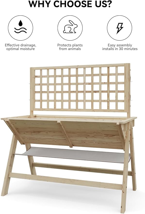 Raised Garden Bed with Legs - 52x30x54in Wooden Elevated Raised Garden Beds Raised Planter Box with Vine Climbing Outdoor Standing Growing Bed for Growing Vegetables Flowers Herbs