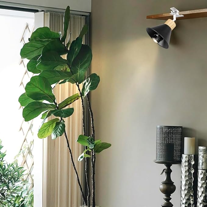Clip Mount Adjusted Angle 5.9Ft Plug in Timing Cord Plant Light Full Spectrum 4500K 10W Simple Wood Base Black Metal Clamp Light for Indoor Plants Flowers