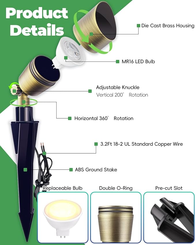 Low Voltage Brass Landscape Light Solid Outdoor Spotlight with Replaceable MR16 LED Bulb 5W 2700K Warm White 12V 24V Landscape Lighting Waterproof Design for Garden Yard