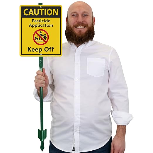 SmartSign 12 x 10 inch “Caution - Pesticide Application Keep Off” LawnBoss Yard Sign with 3 foot Stake 40 mil Laminated Rustproof Aluminum Red Black and Yellow Set of 1 Made in USA