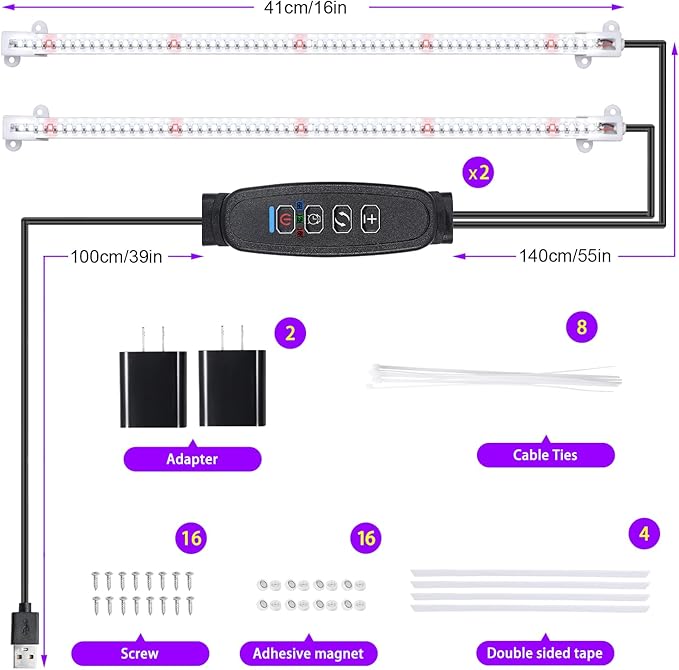 LED Grow Light Strips for Indoor Plants 16‘’ Full Spectrum 240 LEDs with 4 Install Methods 6/12/16H Timer 10 Dimmable Levels 3 Switch Modes for Seedling Succulent Sunlike Strip (2 Head 2 Pack)
