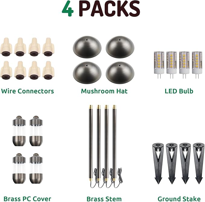 DOSHINE® Solid Brass Low Voltage Landscape Lighting Pathway Lights (6.5 Shade 22 Tall) with Replaceable 3W G4 LED Bulb 3000K AC/DC 12V and Ground Stake for Outdoor Walkway Driveway (MUS 4-Pack)