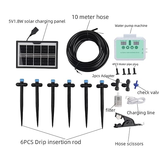 Fockety Drip Irrigation System Solar Automatic Drip Irrigation Kit with Timer Rainwater Collector and Adjustable Nozzle Automatic Watering System for Plants Indoor Outdoor (White)