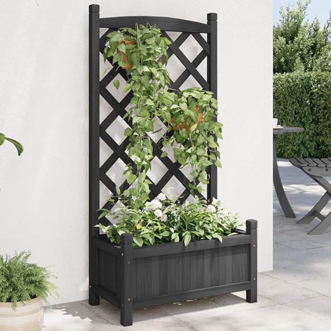 Raised Garden Bed with Trellis Black Solid Fir Wood Elevated Planter Box for Climbing Plants Outdoor Patio Garden Flower Beds Raised Planter for Vegetables Flowers and Vines