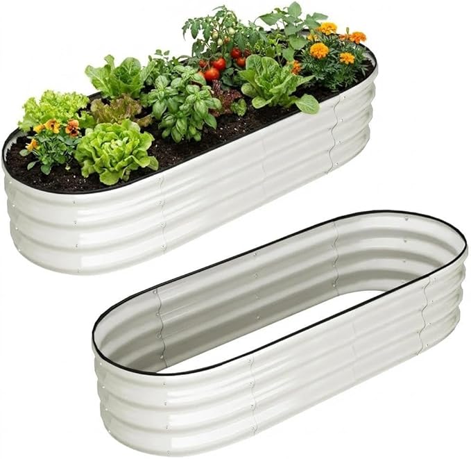 IDEALHOUSE 2 Pack Oval Metal Raised Garden Bed 4.5x2x1 ft Beige 0.5mm Galvanized Steel Planter Boxes Open Bottom Outdoor Planters for Vegetables Fruits Flowers Easy to Assemble