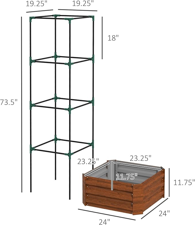 Galvanized Steel Raised Garden Bed with Trellis Tomato Cage 24x24x11.75 - Open Bottom Planter for Backyard Vegetables Climbing Vines Flowers