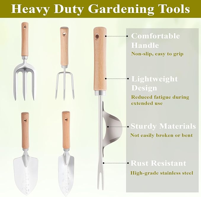 15-Piece Garden Tool Set for Women Heavy Duty Gardening Kit with Floral Garden Bag Steel Garden Hand Tools Plant Labels Gloves Gardening Gift Basket for Men Gardeners Plant Lovers Green