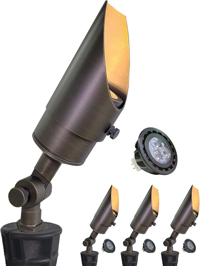 MALORY Brass Landscape Spotlight 4-Pack With MR16 Bulb Kit(S04) Low Voltage 12V AC/DC Shroud Adjustable Outside Yard LightsPVC Ground Stake and Wire Connector Included 5W 2700K Warm White