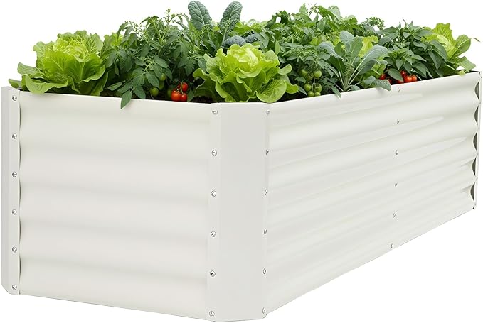 Galvanized Raised Garden Bed - 6x2x1.4ft Metal Garden Planter Box Outdoor | Steel Raised Bed Kit with Bracing Rods Gloves for Gardening Vegetables Fruits and Flowers (White)