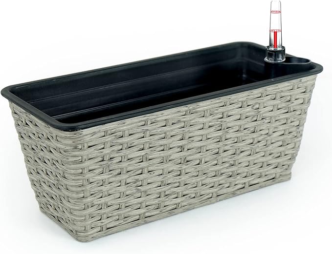 2 Pack Smart Self Watering Rectangle Planter for Indoor and Outdoor Hand Woven Wicker Gray