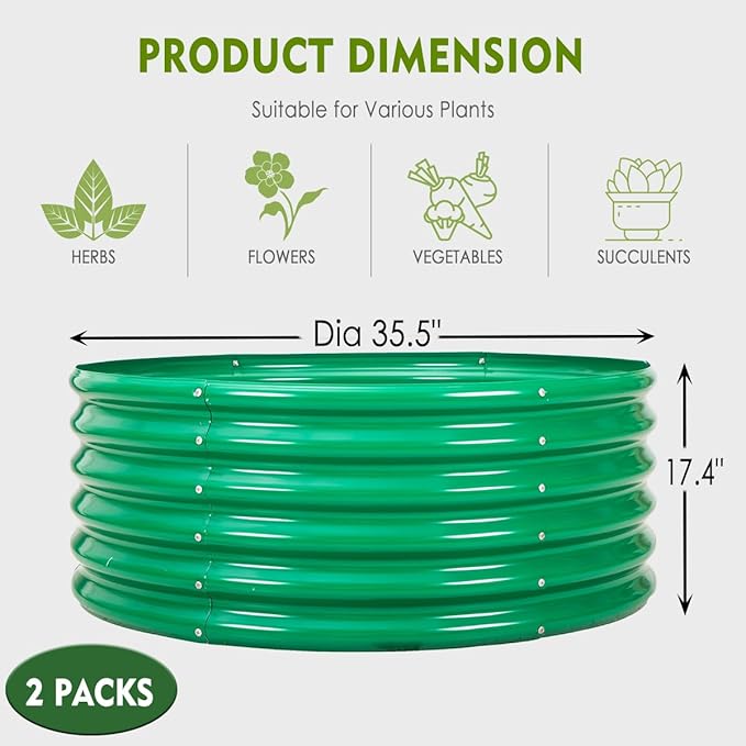 2Pcs 3X3X1.5 Ft Round Galvanized Raised Garden Bed Kit Green Outdoor Planter Garden Bed Metal Raised Box for Fruits Vegetables and Herb Fire Pit Rings