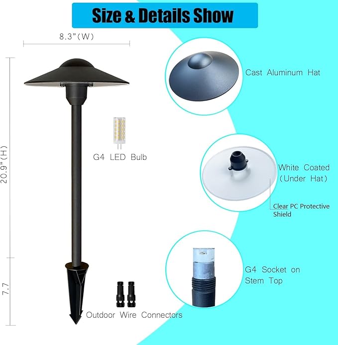 Low Voltage Pathway LightsCast Aluminum Landscape Lighting Path Light Garden Driveway Walkway Lighting 12-24V Replaceable G4 LED Bulb Wire Connectors Included 2-Pack Black Finish Round Hat