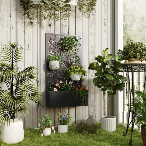 Metal Raised Garden Bed with Trellis Galvanized Planter Metal Planter Box with Trellis 24 L x 9.1 W x 44.5 H (Branches and Leaves)