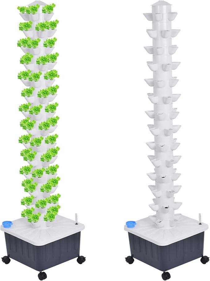 14-Layer 70 Slots Hydroponic Grow Tower Kit Vertical Indoor Outdoor Growing System with Movable Water Tank Hydrating Pump Timer and Adapter for Vegetables Strawberries Lettuce