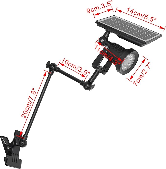 Outdoor Solar Power Daylight Spotlight Black Clip Mount Adjusted Angle Telescopic Arm Waterproof Easy to Install Spot Lamp for Balcony Landscape Yard