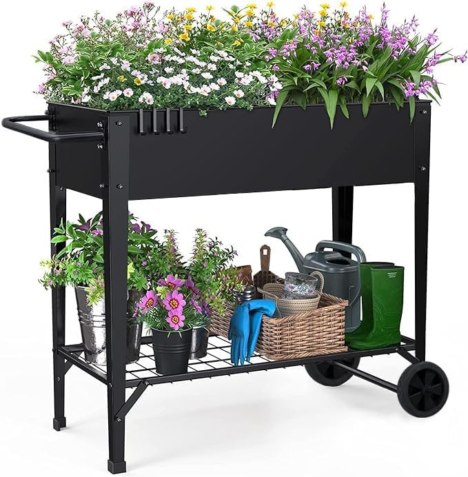 Highpro Raised Garden Bed with Wheels and Legs for Outdoor Use Mobile Elevated Planter Cart for Vegetable Herbs Flowers Potted Plants Black