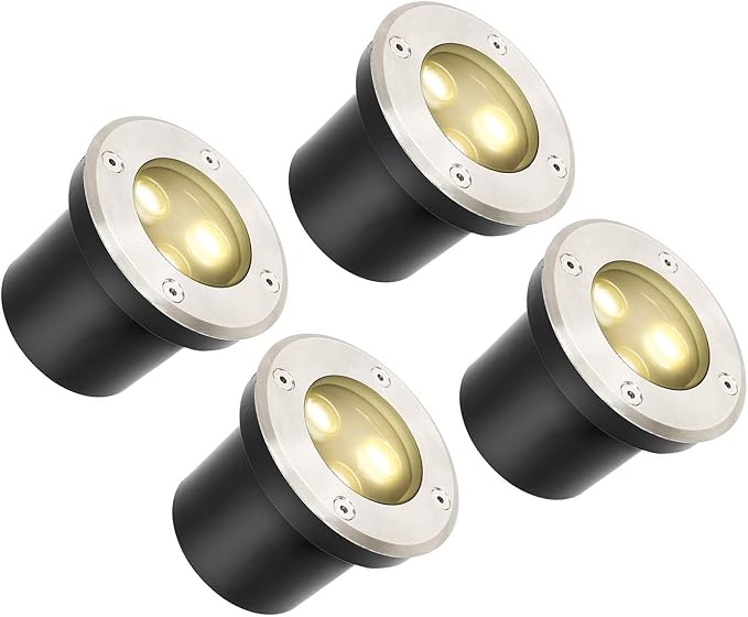 4PCS 3W Ground LED Landscape Lights - Round Outdoor Buried Lamp IP67 Waterproof Stainless Steel Recessed Spotlight Garden LED Spot Lights for Terrace Path Garage Sidewalk Yard Illumination
