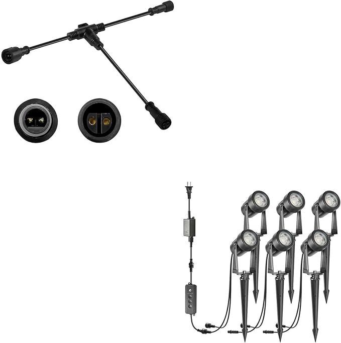 SUNTHIN 6 Pack Outdoor Landscape Lighting with Dusk to Dawn Sensor Controller Bundled 9.8FT T Shape Extension Cord