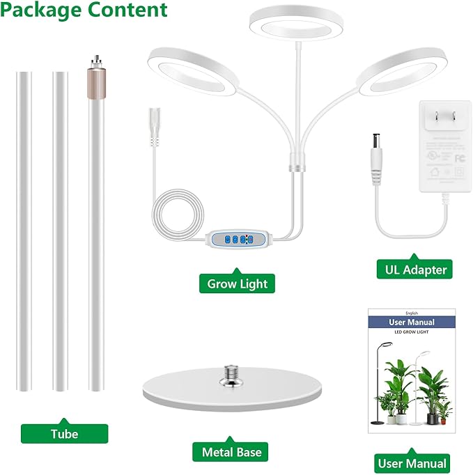 Grow Lights for Indoor Plants 3 Head Full Spectrum Plant Light with 68 Adjustable Stand for Growing Large Tall Plants White Halo Floor LED Grow Lamp with 16 Hour Timer