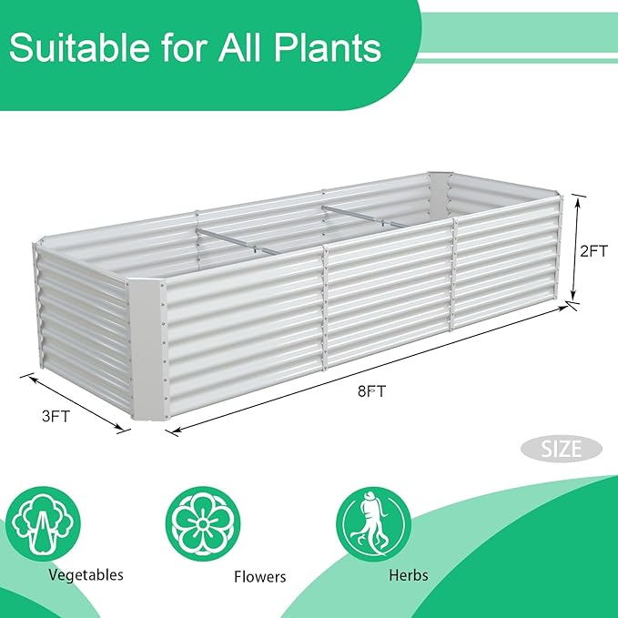FRIZIONE 8FT(L)×3FT(W)×2FT(H) Raised Garden Bed Outdoor for Flower Garden Planter Box for Vegetable Raised Garden Beds for Herb Succulent White