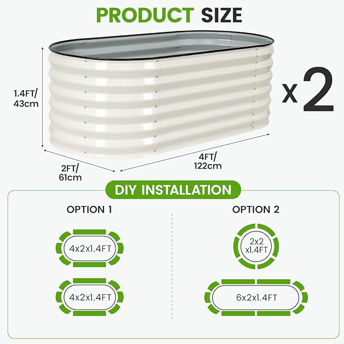 Galvanized Raised Garden Bed Outdoor |17'' Tall Planter Box Outdoor for Deep Root Plants | 2Pcs Raised Bed Kit for Gardening with Rubber Strip for Vegetables Flowers Fruits (White 4x2x1.4FT)