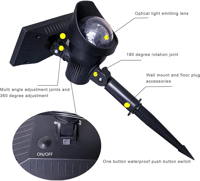 Solar Spot Light 2 in 1 Waterproof Outdoor RGB Landscape Lighting Garden Decor with Rotating Projection - Energy Saving Solar Panel Automatic Light Control for Yard and Festiva