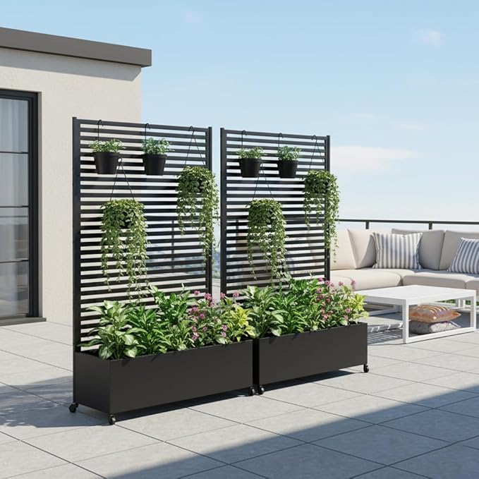 Metal Planter Box with Trellis Privacy Screen Raised Garden Bed with Trellis &amp Wheels Privacy Planters for Patio Planter Box with Drainage Holes for Climbing Plants 73x 47x 16 Black
