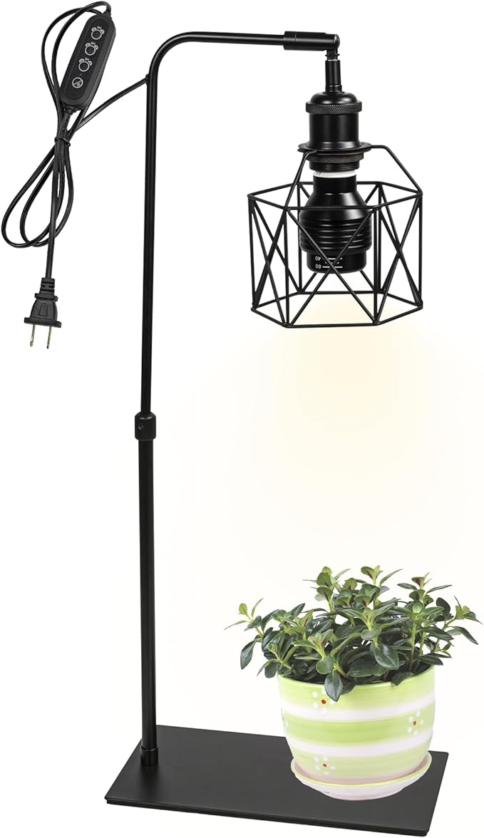 15ft Timer Cord Black Metal with Cage Shade Free Standing Plants Grow Stand Light 10W 4500K Full Spectrum Bulb Included Adjusted Height Retro Style