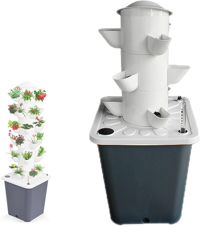 Hydroponic Tower | Vertical Hydroponic Tower Garden System | Water Circulation Plants Germination | with Water Pump &amp Timer | Vertical Hydroponic System for Gardening Lover (Grey 15 Holes)