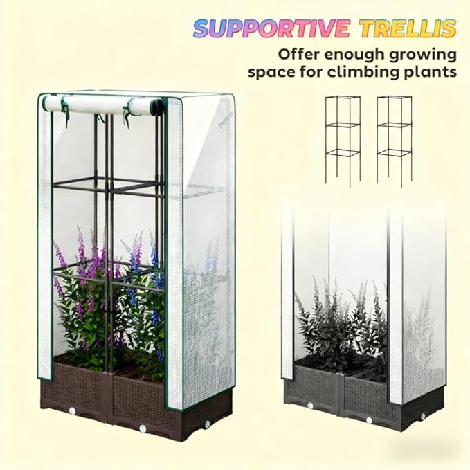 Outdoor Plant BoxGarden Bed with Trelliswith CoverDrainage Holes and Zipper Door