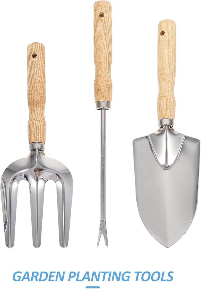 Homoyoyo 5pcs Garden Tool Set with Wood Handles Stainless Steel Digging Shovel Weeding Fork and Portable Rake for Outdoor Planting and Lawn Care