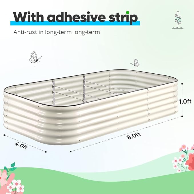 Quictent Galvanized Raised Garden Bed Kit 8x4x1.5 ft Oval Metal Planter Box Tall for Vegetables Outdoor Backyard Rubber Strip Edging Included (Beige)