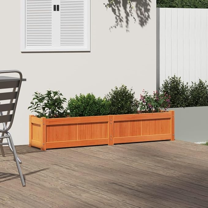 Rectangular Garden Planter Waxed Brown Solid Pine Wood 59.1x12.2x12.2 in Outdoor Raised Garden Bed for Flowers Herbs Vegetables