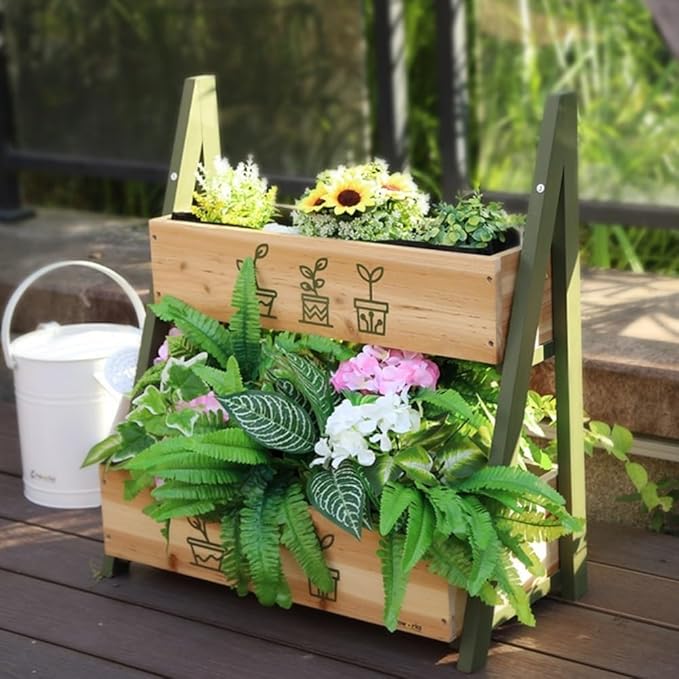 Solid Wood Raised Planter Box with Double Planter Floor-Standing Garden Bed for Outdoor Plants Modern Wooden Flower Rack for Balcony Courtyard Patio and Nursery Use(Green)